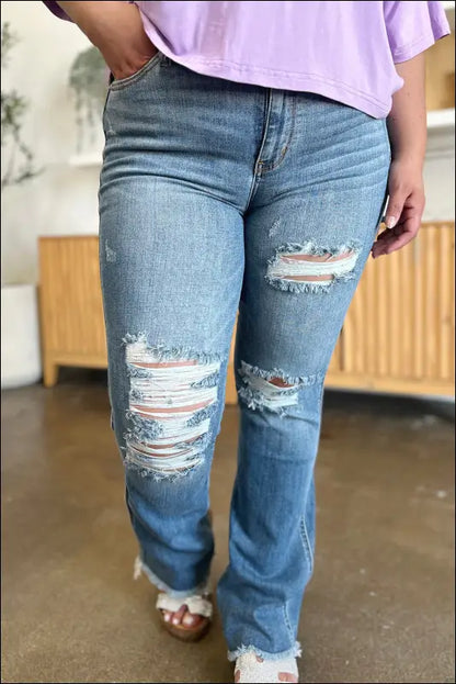 Judy Blue Full Size Distressed Raw Hem Bootcut Jeans - Medium / 15(32)