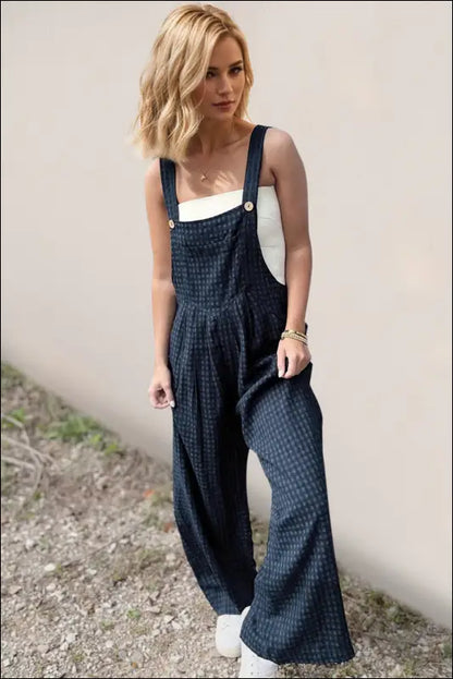 Oh Full Size Plaid Wide Leg Overalls with Pockets - Peacock Blue / S
