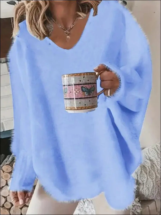 ’Plus Size Women’s Fall Long Sleeve Sweaters - Fuzzy Knit Cropped Lightweight Pullover Jumper’ - Blue / 1XL