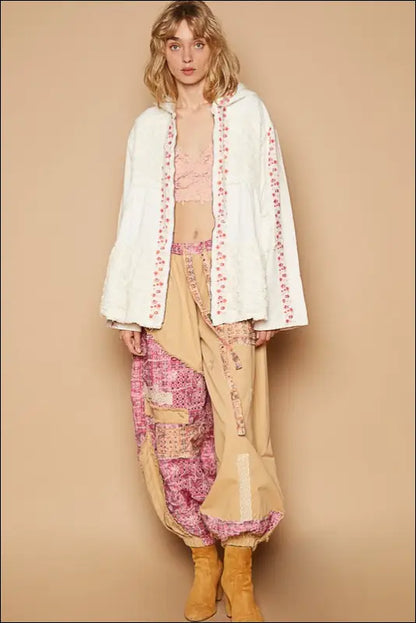 POL Embroidered Lace Patch Zip Up Hooded Jacket