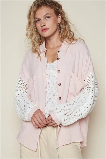 POL Openwork Lantern Sleeve Button Down Gauze Shirt