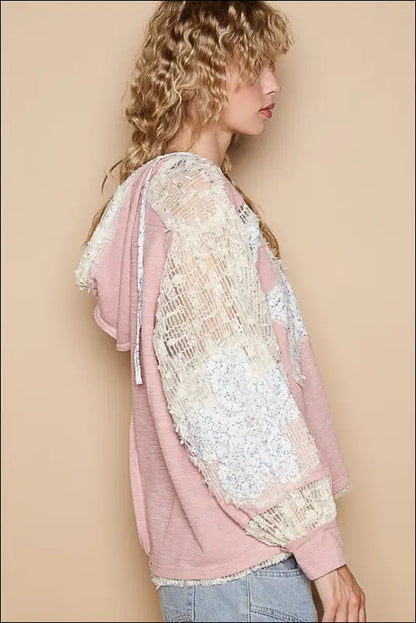 POL Star Patch Lace Long Sleeve Hooded Top