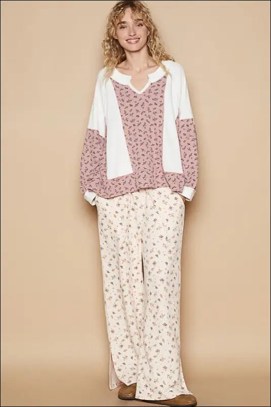 POL Waffle Knit Floral Notched Long Sleeve Top