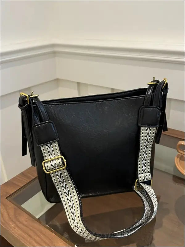 PU Leather Adjustable Strap Crossbody Bag with Pouch - Black / One Size
