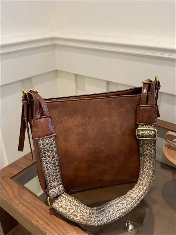 PU Leather Adjustable Strap Crossbody Bag with Pouch - Brown / One Size