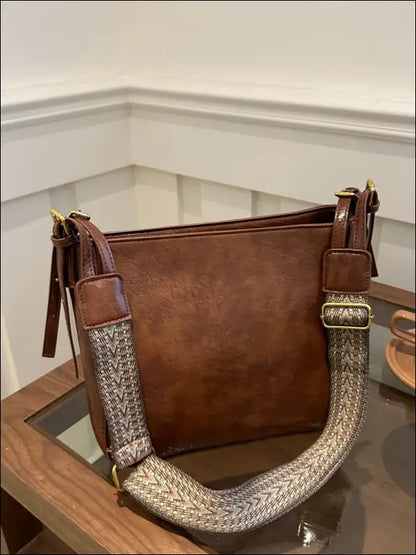 PU Leather Adjustable Strap Crossbody Bag with Pouch - Brown / One Size