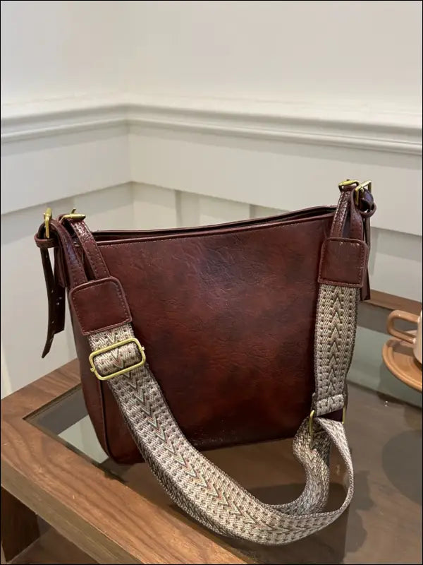 PU Leather Adjustable Strap Crossbody Bag with Pouch - Dark Brown / One Size