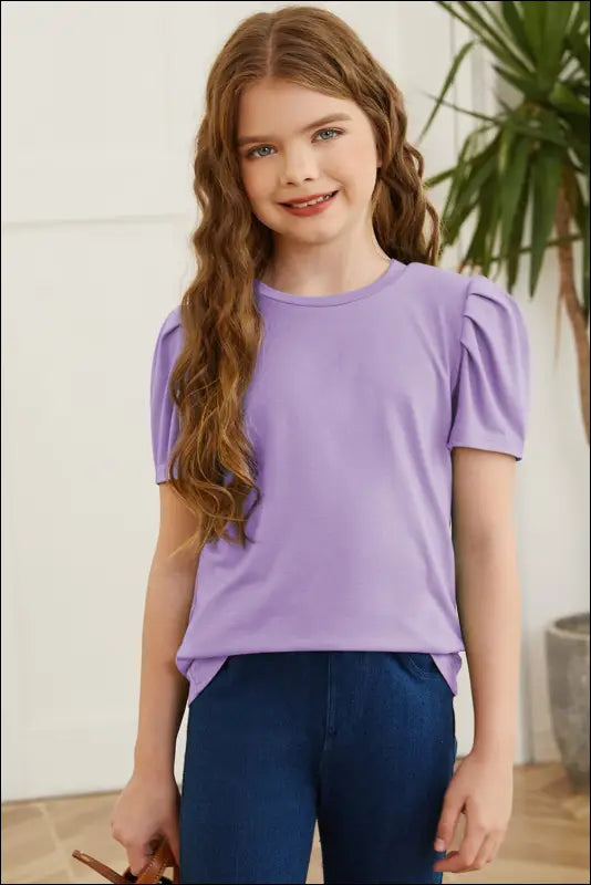 Round Neck Puff Sleeve T-Shirt - Heliotrope Purple / S