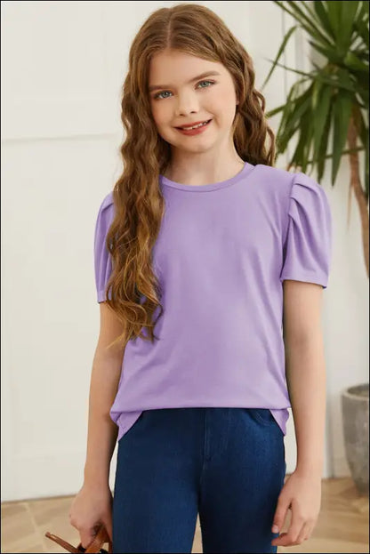 Round Neck Puff Sleeve T-Shirt - Heliotrope Purple / S