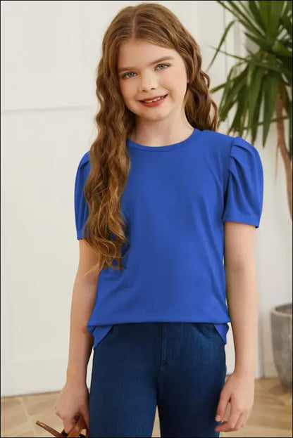 Round Neck Puff Sleeve T-Shirt - Royal Blue / S