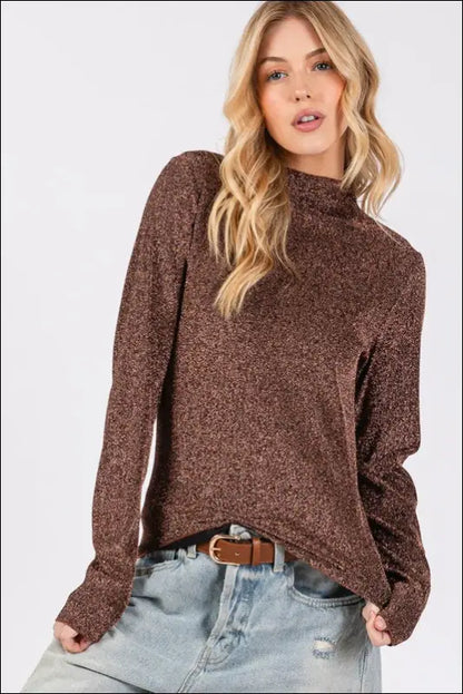 SAGE + FIG Glitter Mock Neck Lettuce Hem Long Sleeve Top