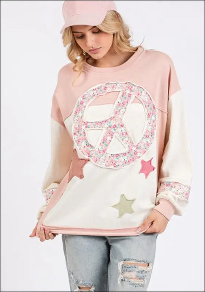 SAGE + FIG Peace & Star Patch Contrast Round Neck Sweatshirt - Blush Pink / S