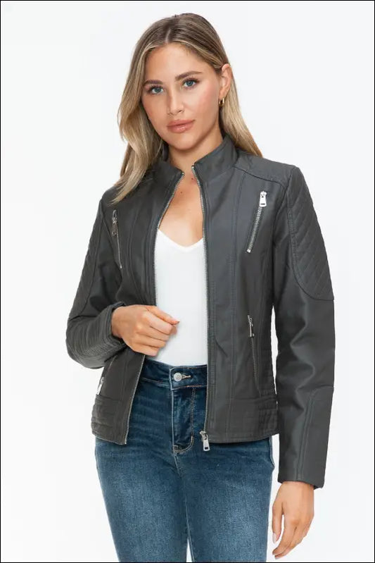 Snobbish Faux Leather Zip Up Mock Neck Jacket - Charcoal / S