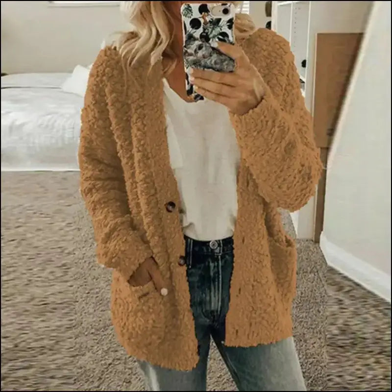 Solid Color Women’s Top with Pockets Sweater Jacket Women Plus Size Casual Outerwear for Elegant Button Cardigan