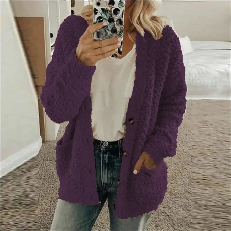 Solid Color Women’s Top with Pockets Sweater Jacket Women Plus Size Casual Outerwear for Elegant Button Cardigan
