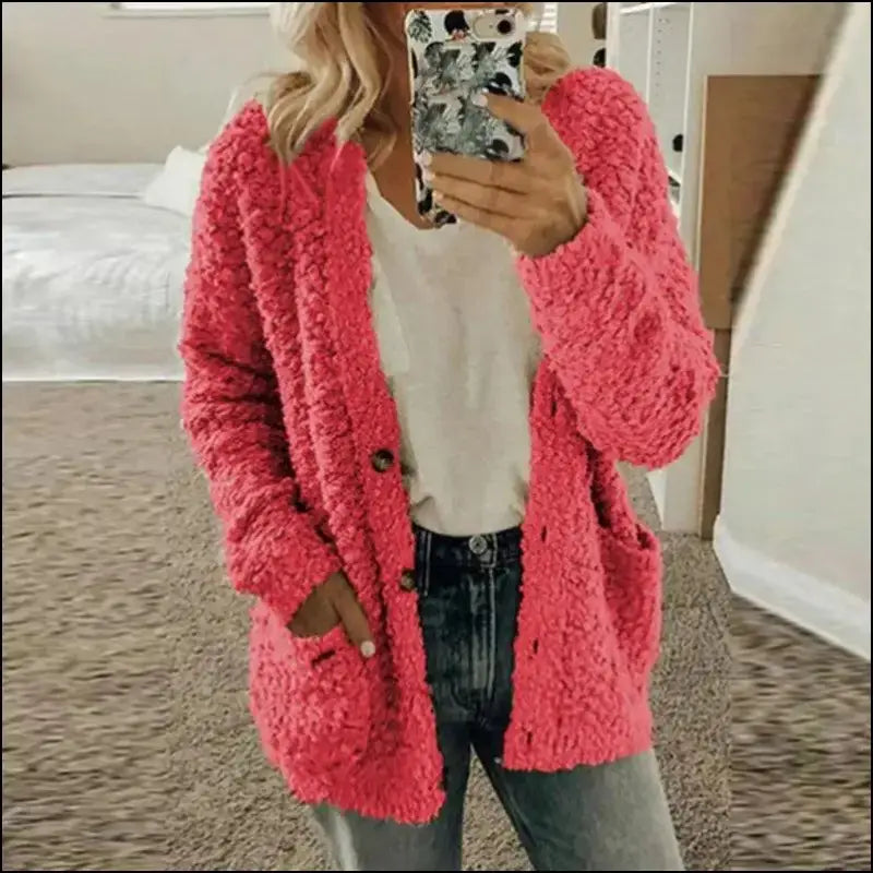 Solid Color Women’s Top with Pockets Sweater Jacket Women Plus Size Casual Outerwear for Elegant Button Cardigan