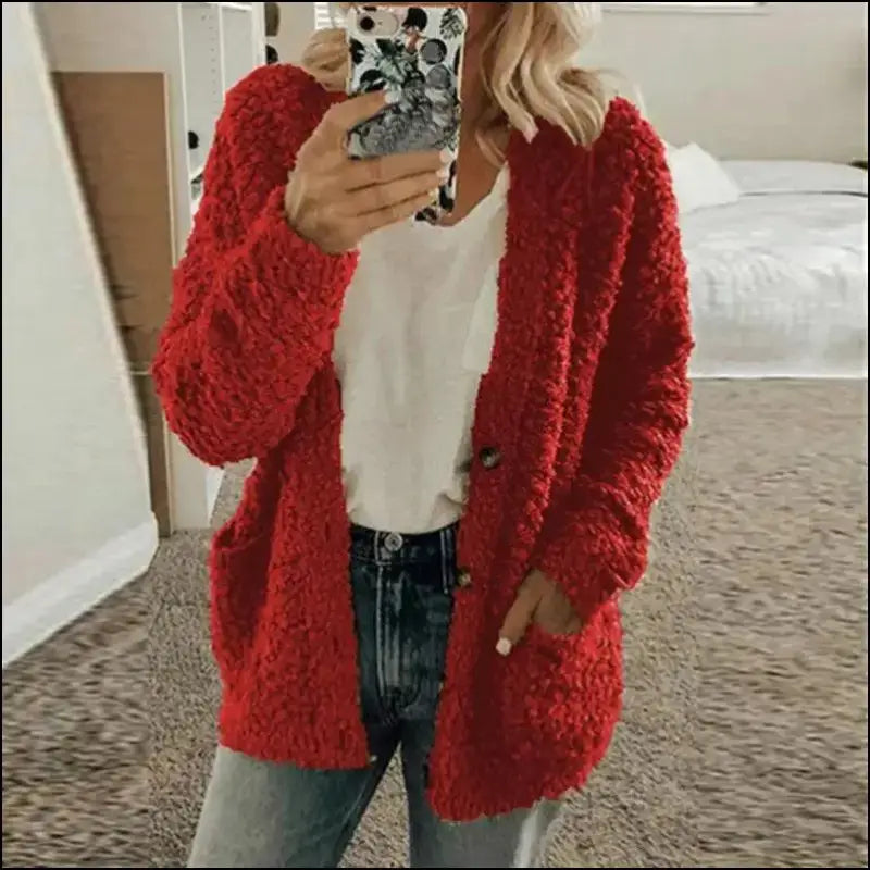 Solid Color Women’s Top with Pockets Sweater Jacket Women Plus Size Casual Outerwear for Elegant Button Cardigan