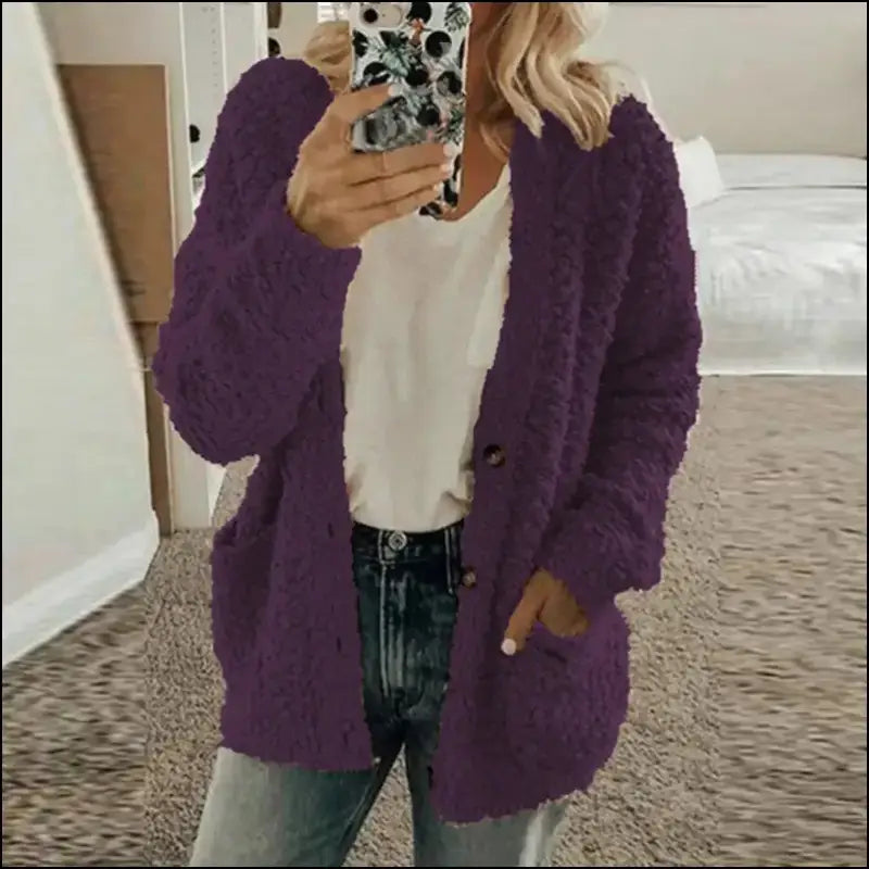 Solid Color Women’s Top with Pockets Sweater Jacket Women Plus Size Casual Outerwear for Elegant Button Cardigan