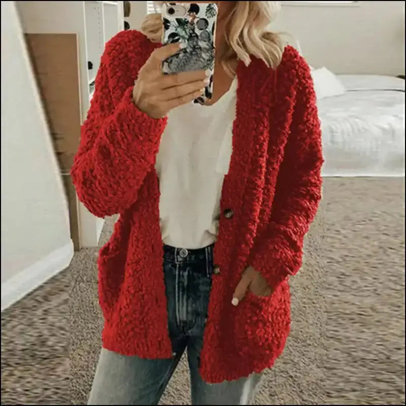 Solid Color Women’s Top with Pockets Sweater Jacket Women Plus Size Casual Outerwear for Elegant Button Cardigan