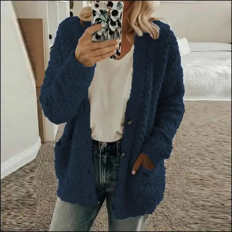 Solid Color Women’s Top with Pockets Sweater Jacket Women Plus Size Casual Outerwear for Elegant Button Cardigan