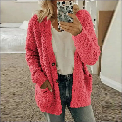 Solid Color Women’s Top with Pockets Sweater Jacket Women Plus Size Casual Outerwear for Elegant Button Cardigan