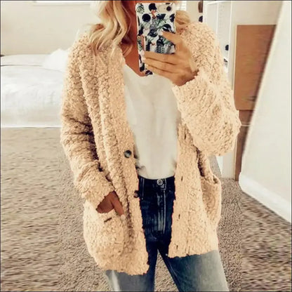 Solid Color Women’s Top with Pockets Sweater Jacket Women Plus Size Casual Outerwear for Elegant Button Cardigan
