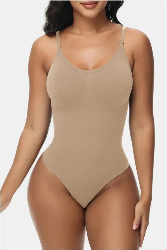 Spaghetti Strap Tummy Control Bodysuit - Beige Thong / XXS/XS