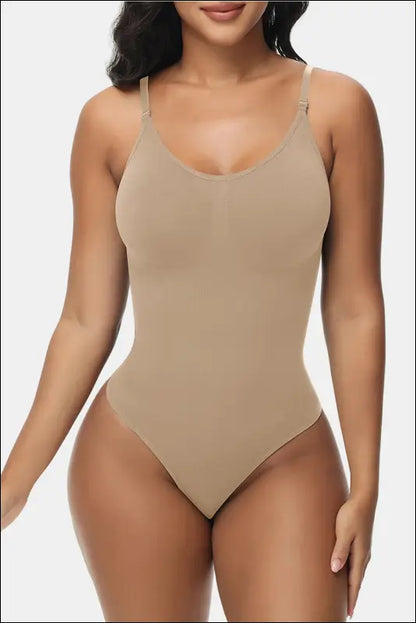 Spaghetti Strap Tummy Control Bodysuit - Beige Thong / XXS/XS