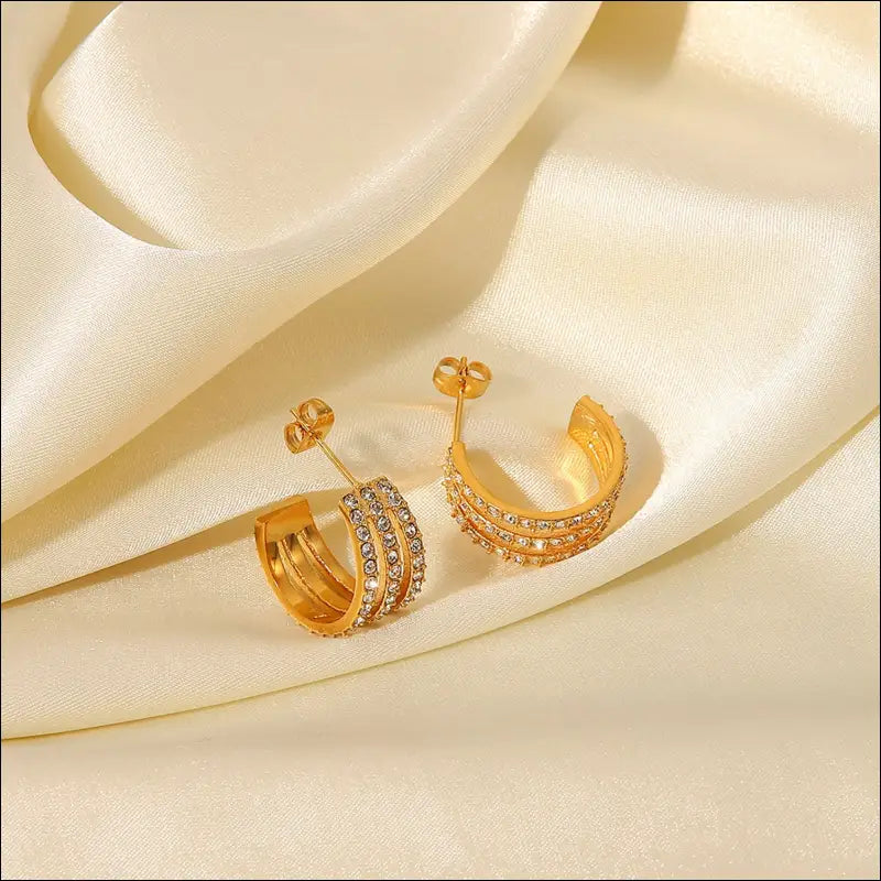 Stainless Steel Inlaid Zircon C-Hoop Earrings - Gold / One Size