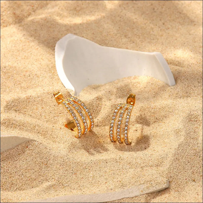 Stainless Steel Inlaid Zircon C-Hoop Earrings - Gold / One Size