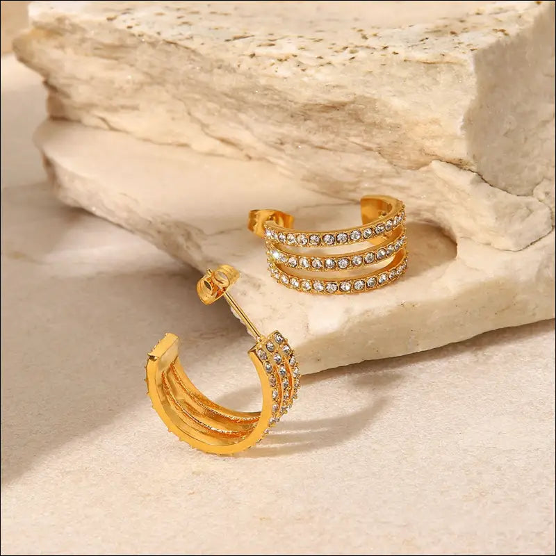 Stainless Steel Inlaid Zircon C-Hoop Earrings - Gold / One Size