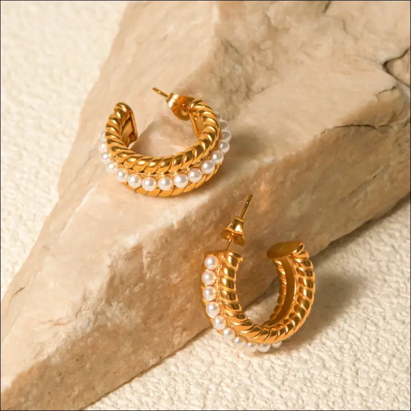 Stainless Steel Pearl C-Hoop Earrings - Gold / One Size