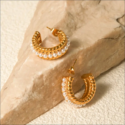 Stainless Steel Pearl C-Hoop Earrings - Gold / One Size