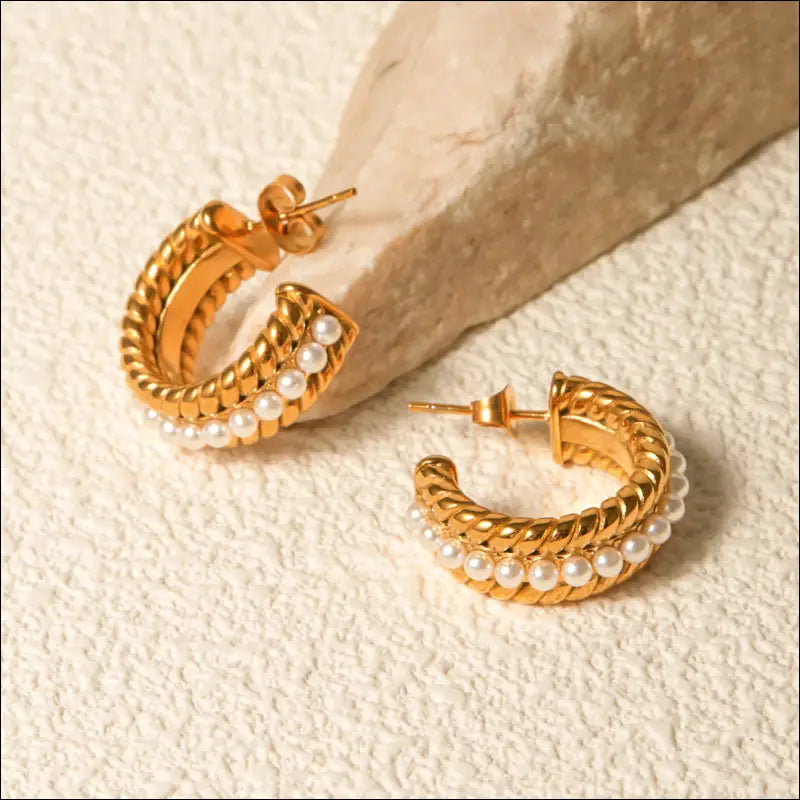 Stainless Steel Pearl C-Hoop Earrings - Gold / One Size