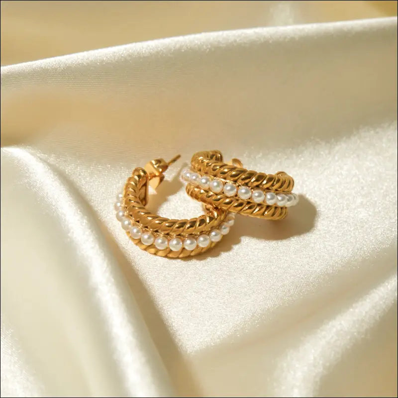 Stainless Steel Pearl C-Hoop Earrings - Gold / One Size