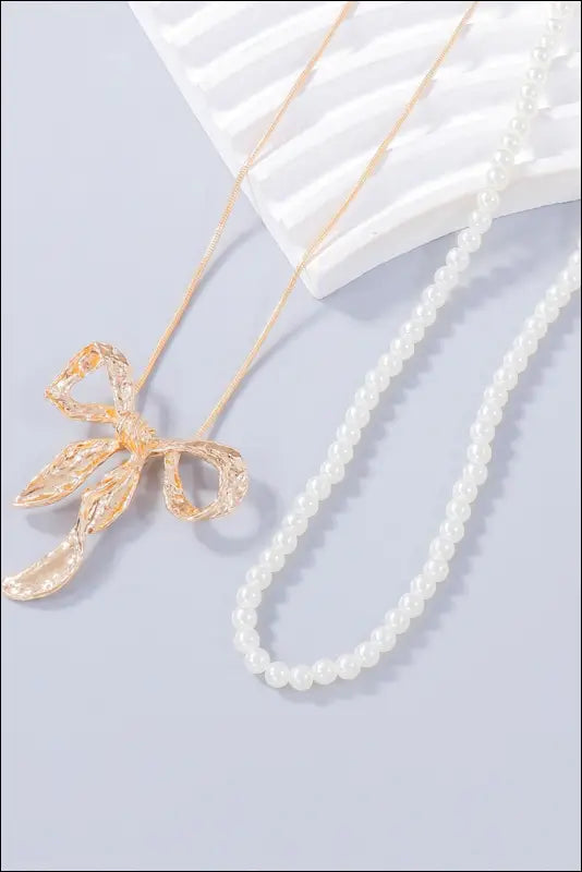Synthetic Pearl Necklace Bow and Earrings Jewelry Set