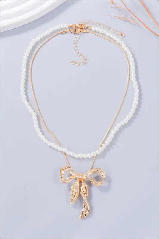 Synthetic Pearl Necklace Bow and Earrings Jewelry Set - Gold / One Size