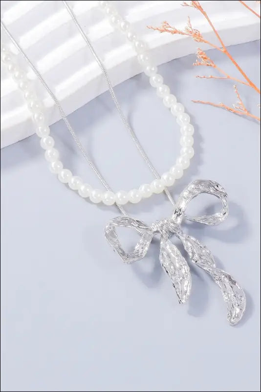 Synthetic Pearl Necklace Bow and Earrings Jewelry Set - Silver / One Size