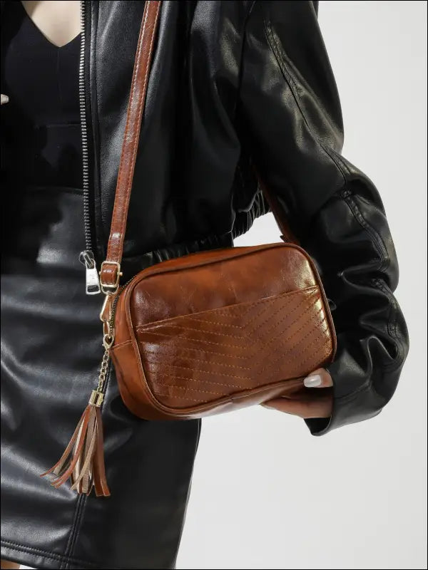 Tassel PU Leather Printed Strap Cassette Crossbody Bag