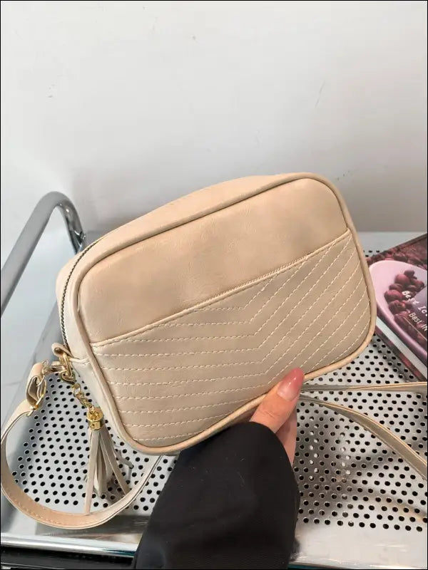 Tassel PU Leather Printed Strap Cassette Crossbody Bag - Beige / One Size