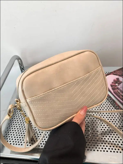 Tassel PU Leather Printed Strap Cassette Crossbody Bag - Beige / One Size