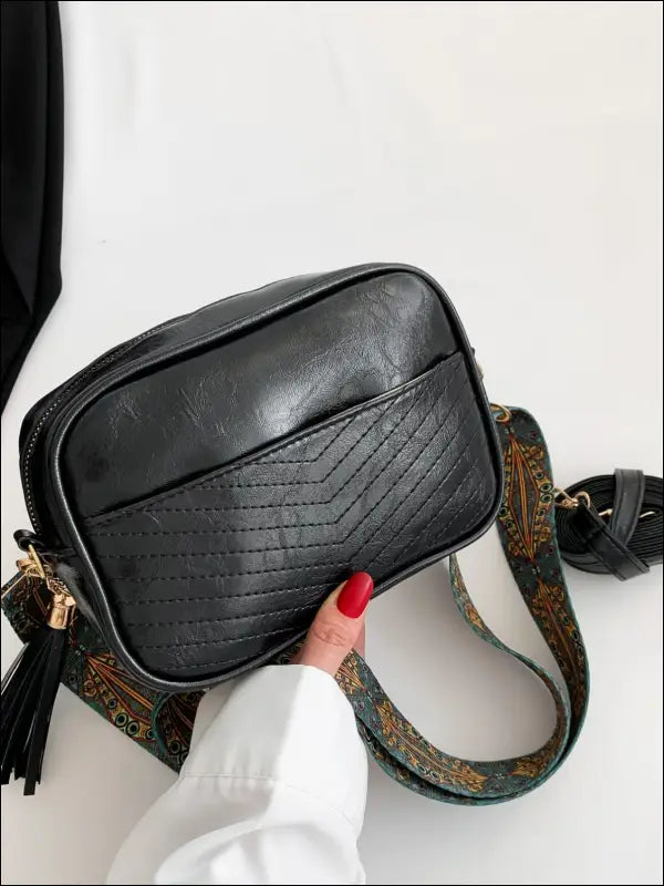 Tassel PU Leather Printed Strap Cassette Crossbody Bag - Black / One Size