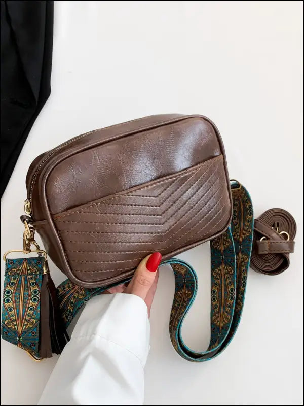 Tassel PU Leather Printed Strap Cassette Crossbody Bag - Coffee Brown / One Size