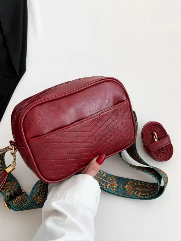 Tassel PU Leather Printed Strap Cassette Crossbody Bag - Red / One Size