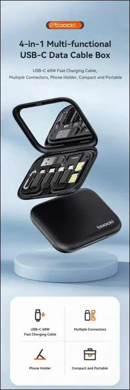 Toocki 4-in-1 USB Type-C to USB-C Cable Set 60W Fast Charging Storage Box with Mobile Phone Holder for Xiaomi - Black