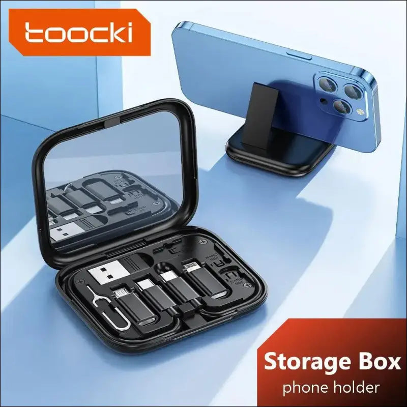 Toocki 4-in-1 USB Type-C to USB-C Cable Set 60W Fast Charging Storage Box with Mobile Phone Holder for Xiaomi - Black