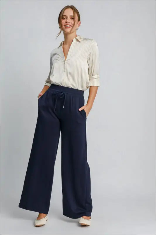 Umgee Drawstring Wide Leg Pants with Pockets - Midnight / S