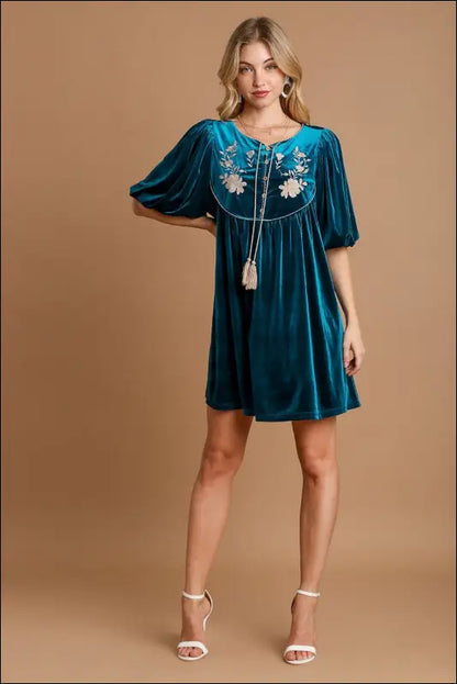 Umgee Embroidered Half Sleeve Velvet Mini Dress with Tassel