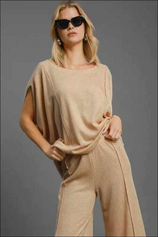 Umgee Exposed Seam Round Neck Batwing Sleeve Knit Top - Tan / S