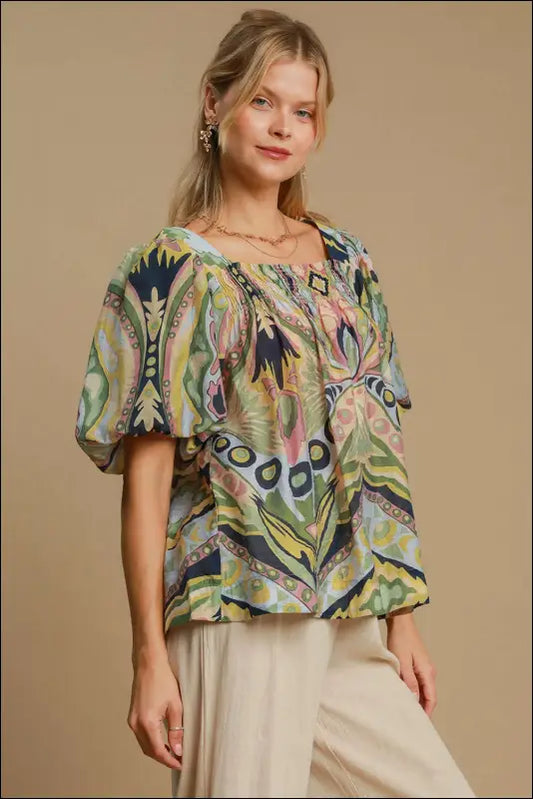 Umgee Full Size Abstract Print Smocked Square Neck Puff Sleeve Blouse - Green Mix / S